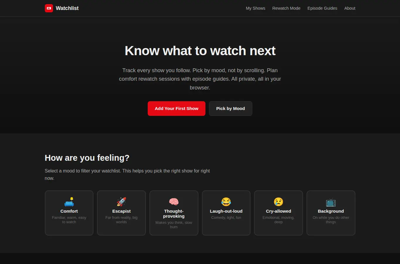Screenshot of TV Episode Watchlist & Rewatch Planner interface showing the project page in use